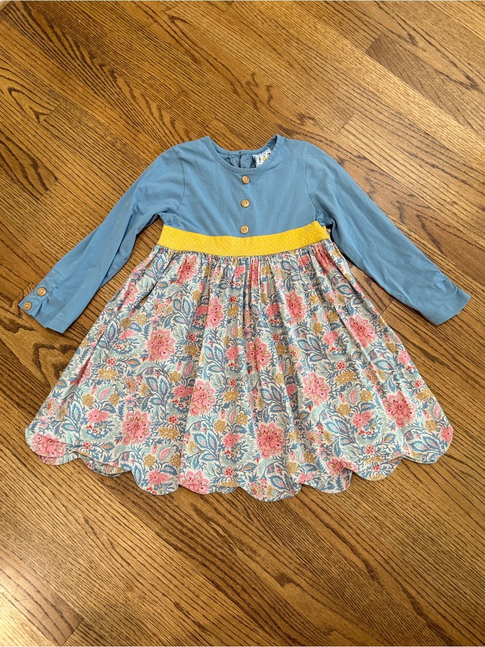Girls Blue and Floral Long-Sleeve Dress with Yellow Waistband